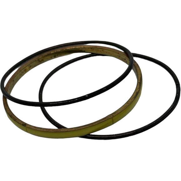 Vintage 70s Bangle Set Black Yellow-Green Mod Stackable Bracelets 3 Piece - Picture 7 of 8